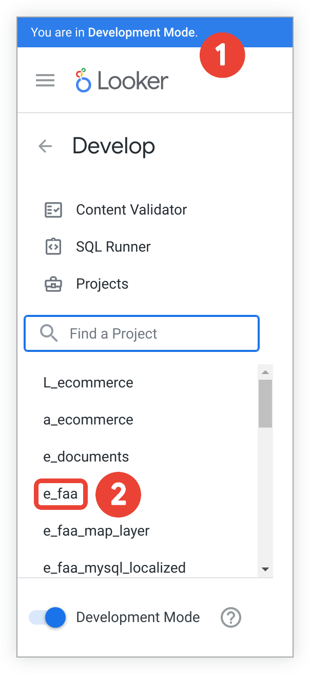 Develop menu with a LookML project selected