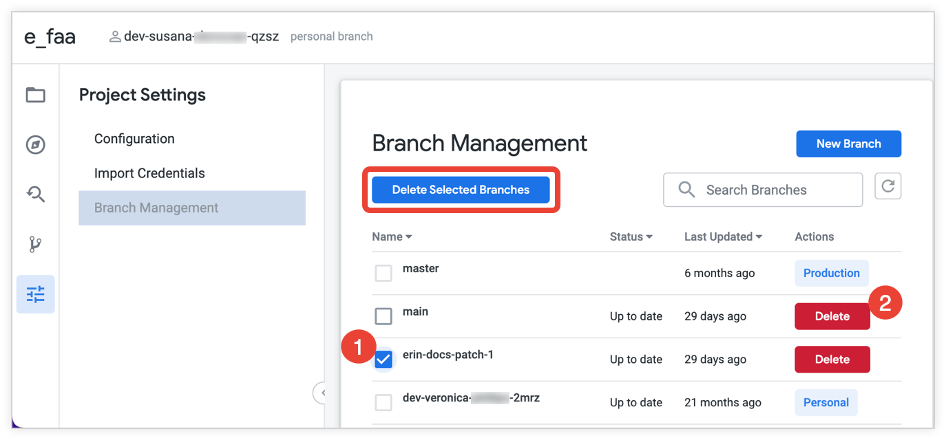 Branch Management tab delete options