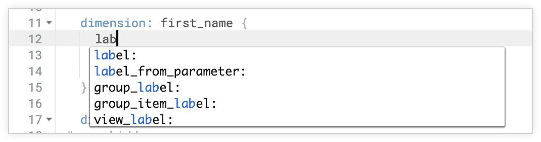 The Looker IDE providing context-sensitive suggestions for a subparameter based on what a user has begun typing