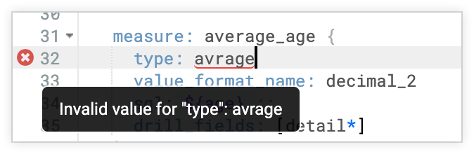 The Looker IDE highlighting a typo as an error