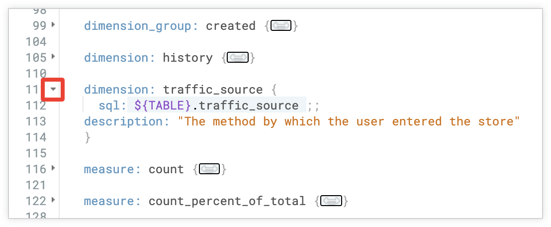 Folding arrow next to a top-level LookML parameter