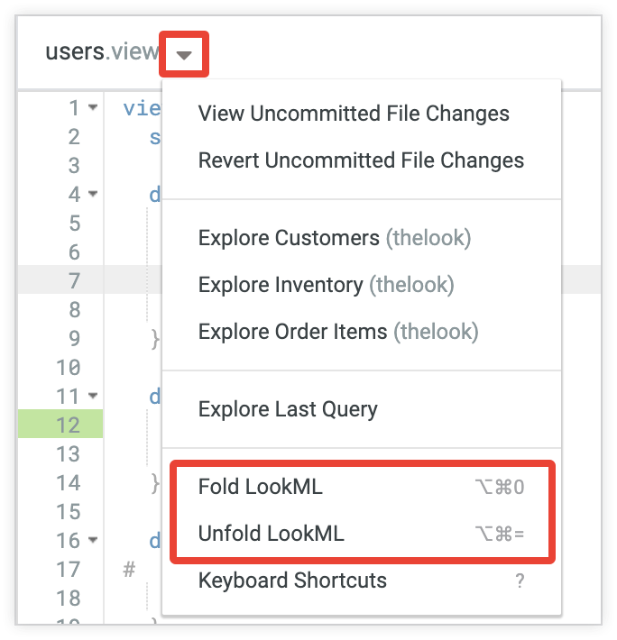 Fold LookML and Unfold LookML options in file actions menu