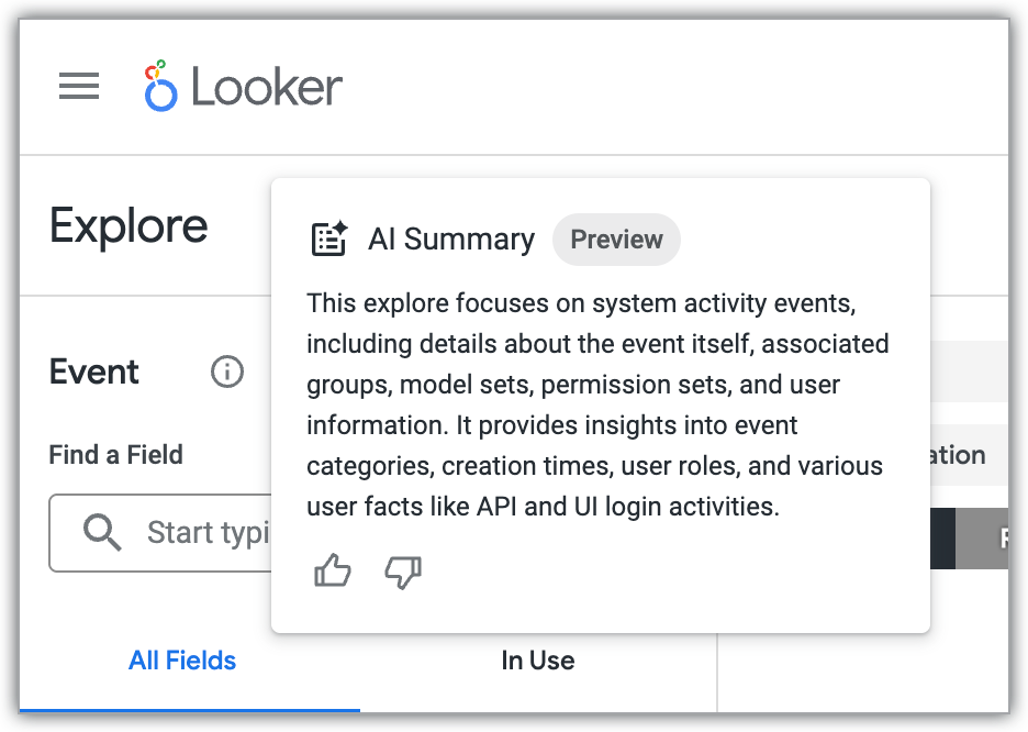 A Looker Explore showing the AI-generated Explore summary.