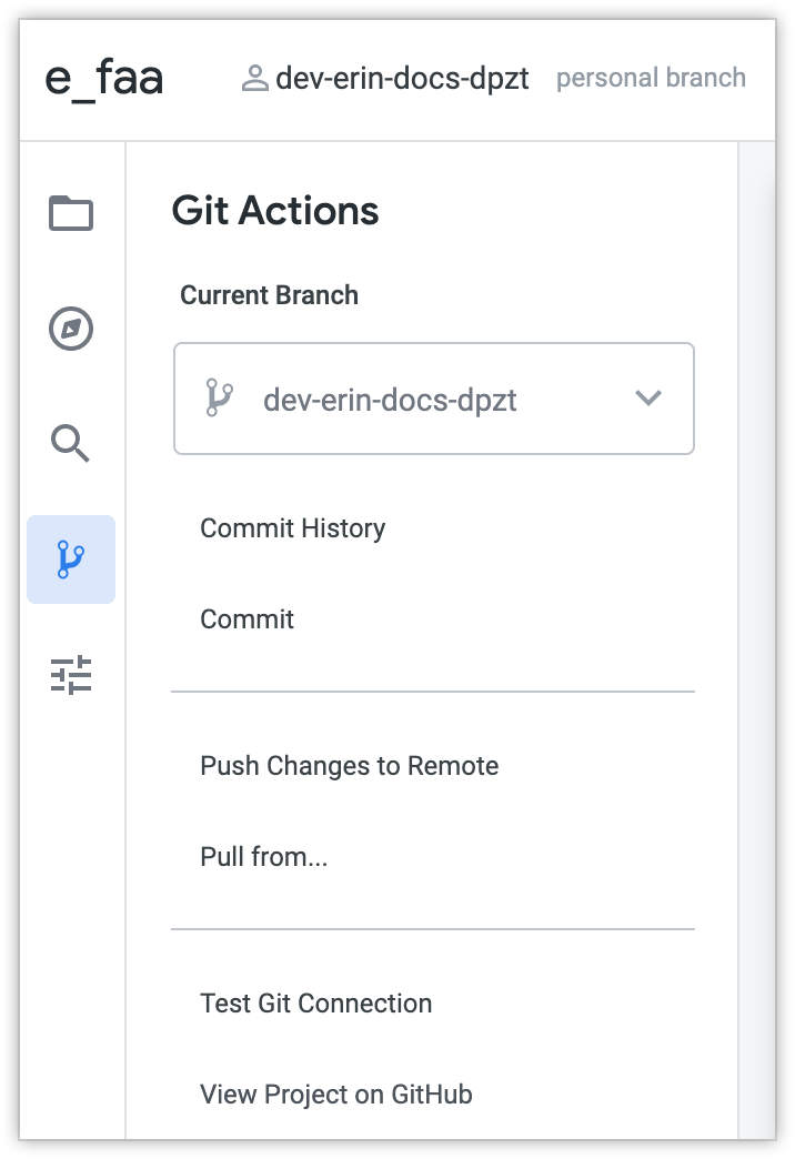 Git Actions panel in the Looker IDE