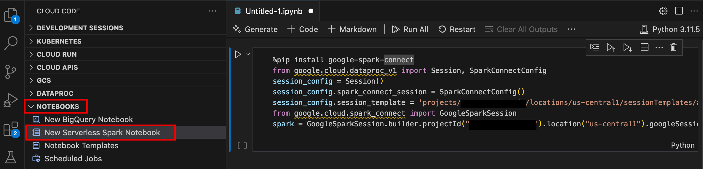 VS Code 控制台中的新 Serverless Spark 笔记本。