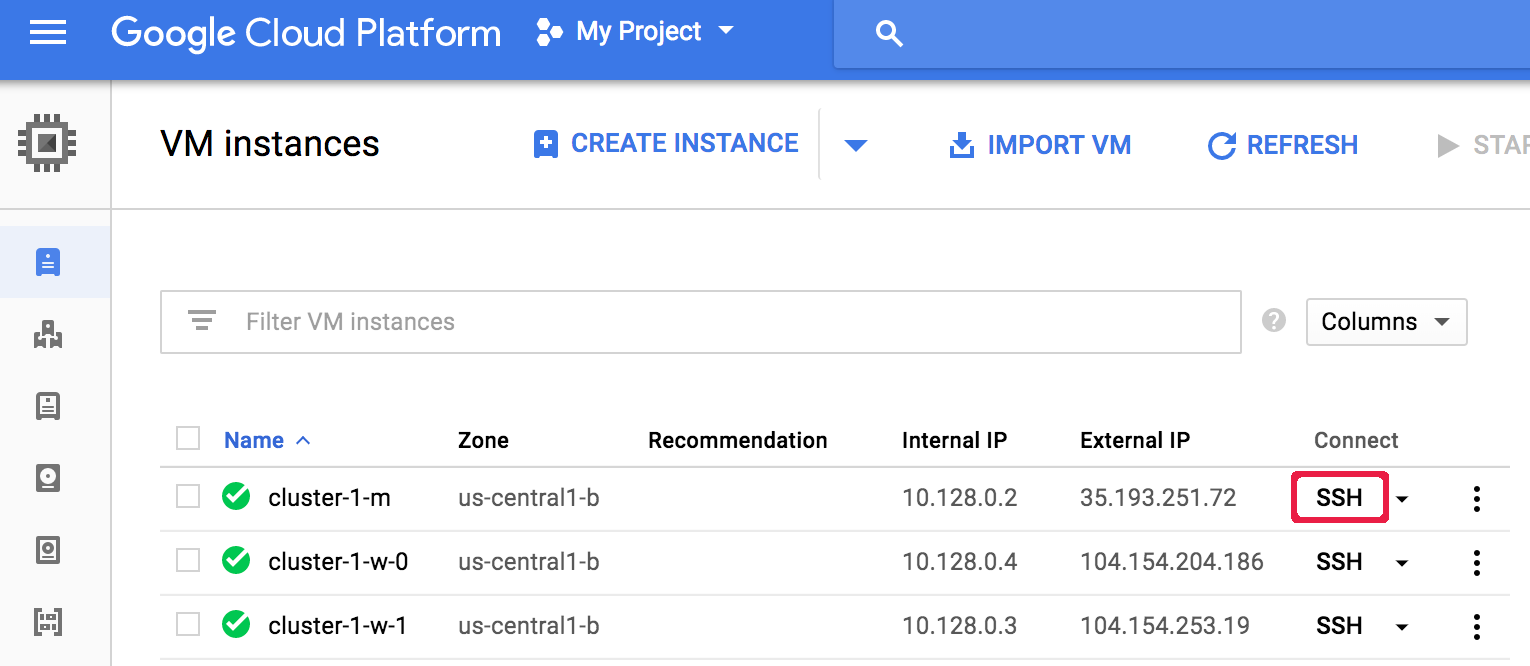 A list of VM instances showing the SSH button for a cluster node.