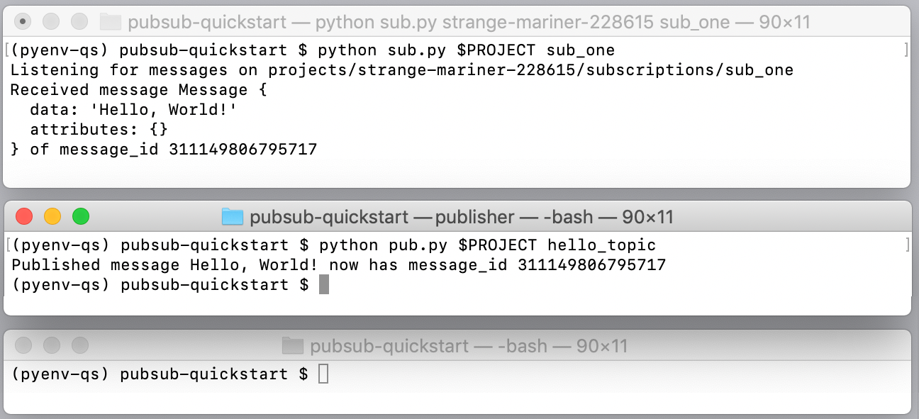 The Publisher
application publishes the message and assigns a message ID. The Subscriber 1
application receives the 'Hello World' message and sends an
acknowledgment