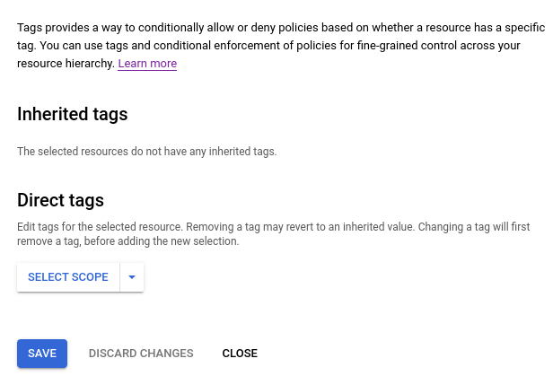 Cloud Run Google Cloud console showing the tags panel for attaching and detaching service tags.