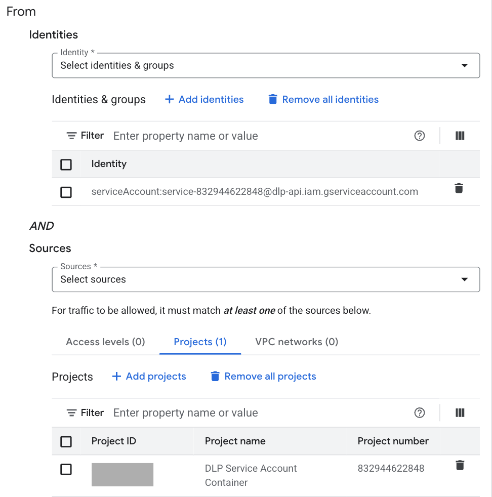 Ingress rule with both a service agent ID and a project set.