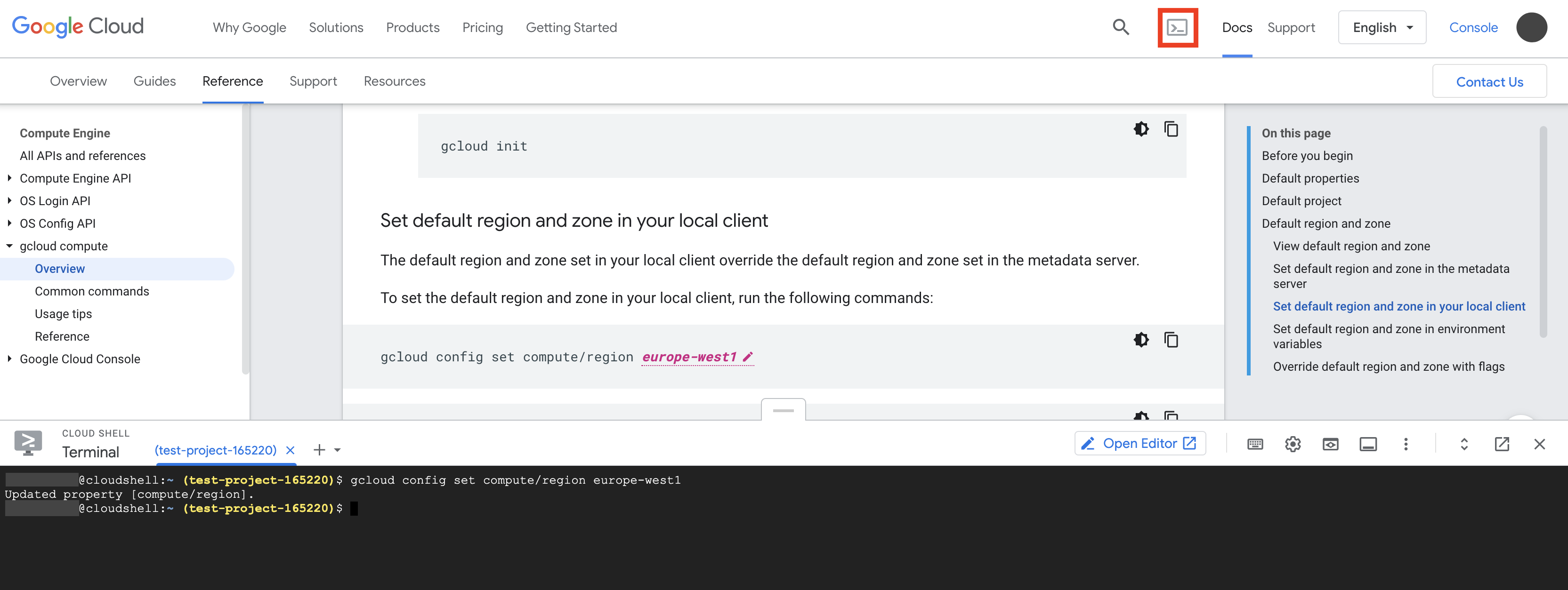 Terminale Cloud Shell avviato nella metà inferiore della pagina di documentazione con un esempio di comando gcloud copiato nel terminale Cloud Shell