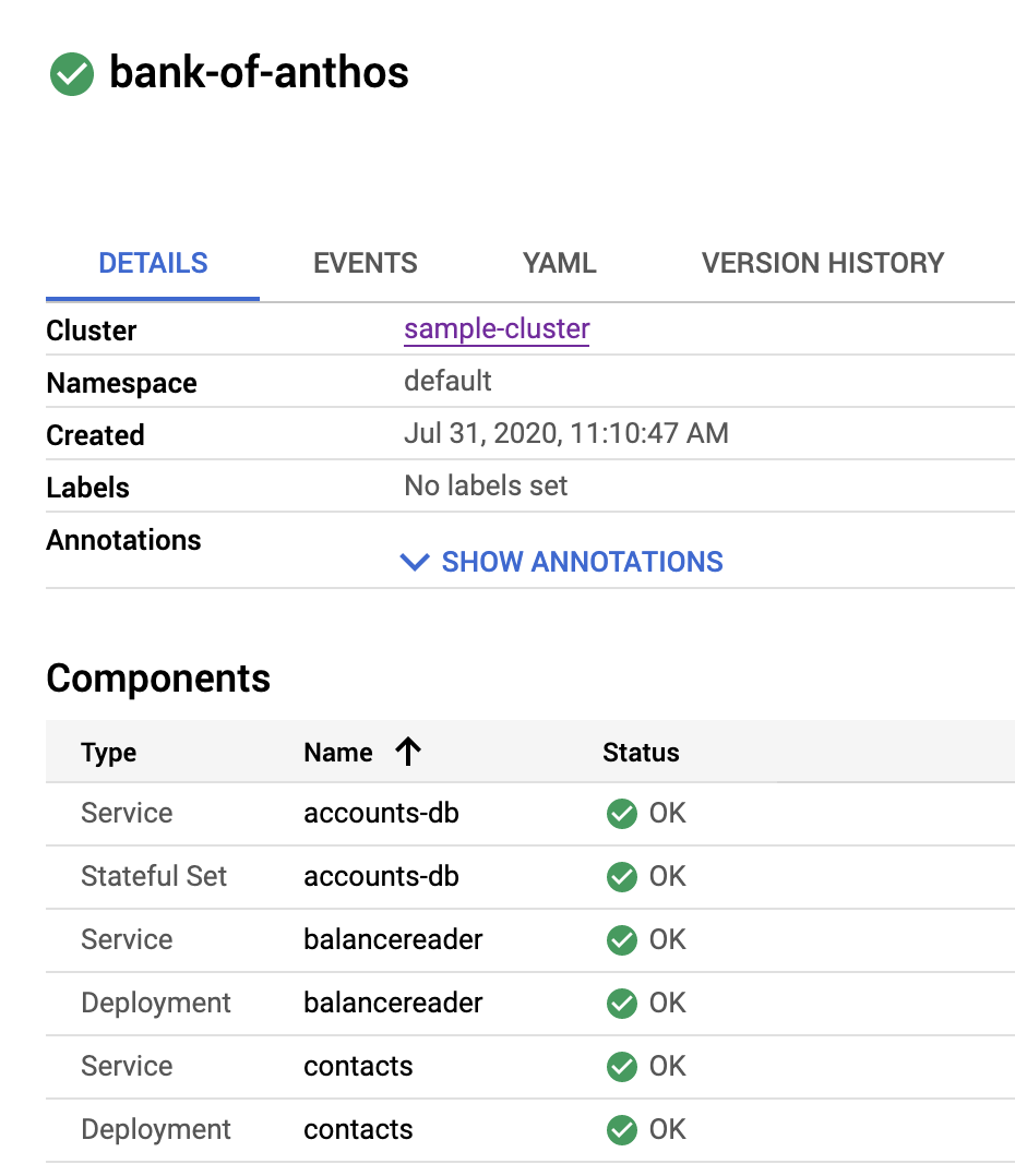 The list of details includes component types such as
Service and Deployment.
