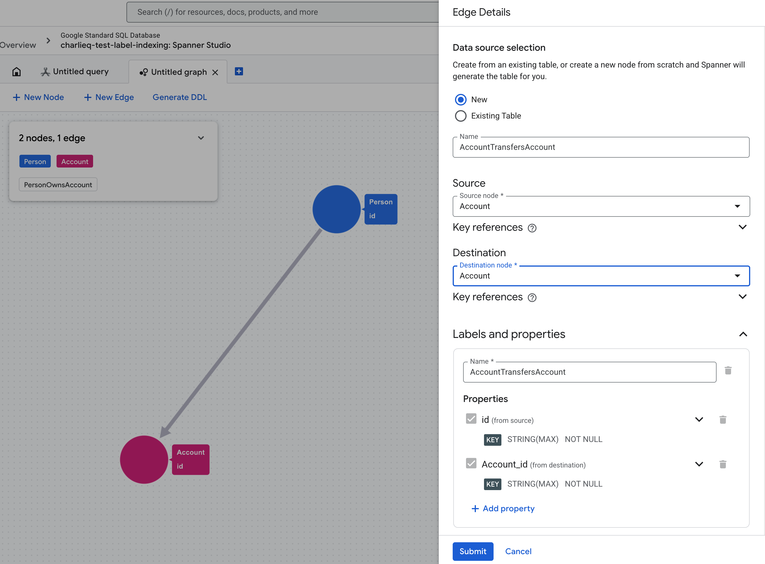 The edge details panel when editing a graph schema in Spanner Studio