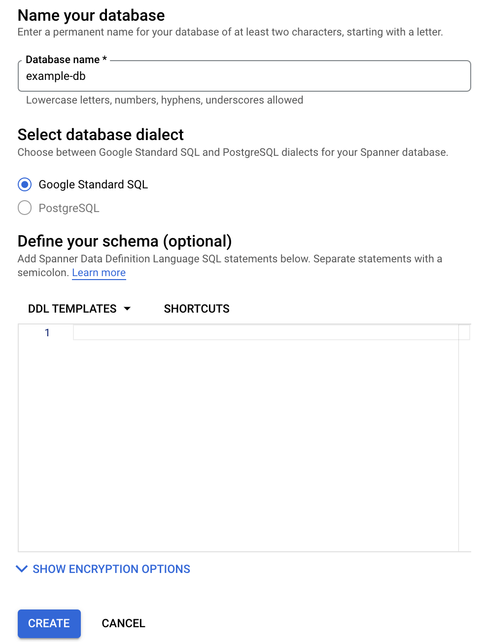 A janela de criação da base de dados atualizada.