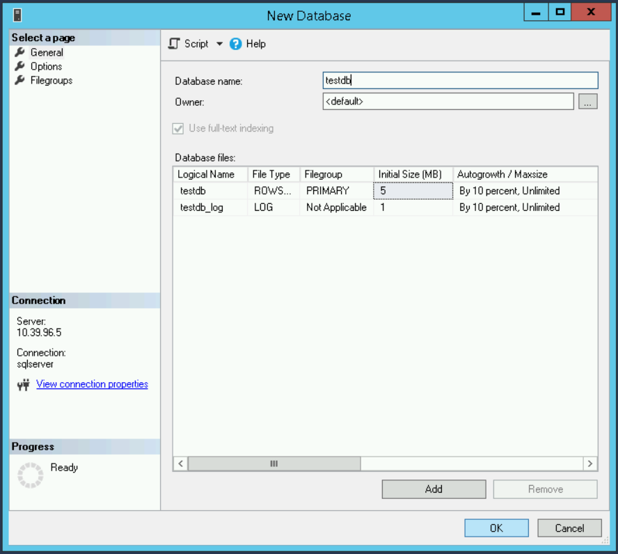 Enter database name of testdb in the dialog