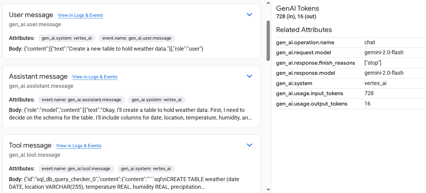 Text-based generative AI events in the trace explorer.