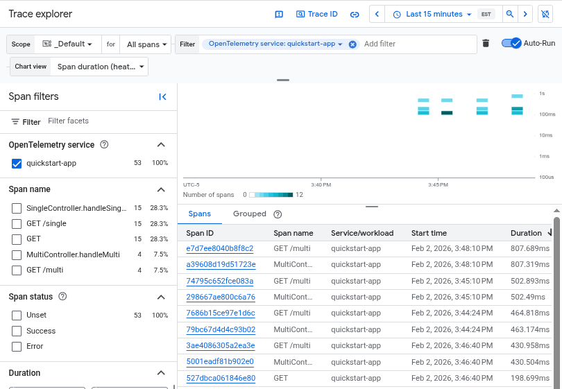 Trace Explorer shows traces captured by OpenTelemetry zero-code instrumentation.