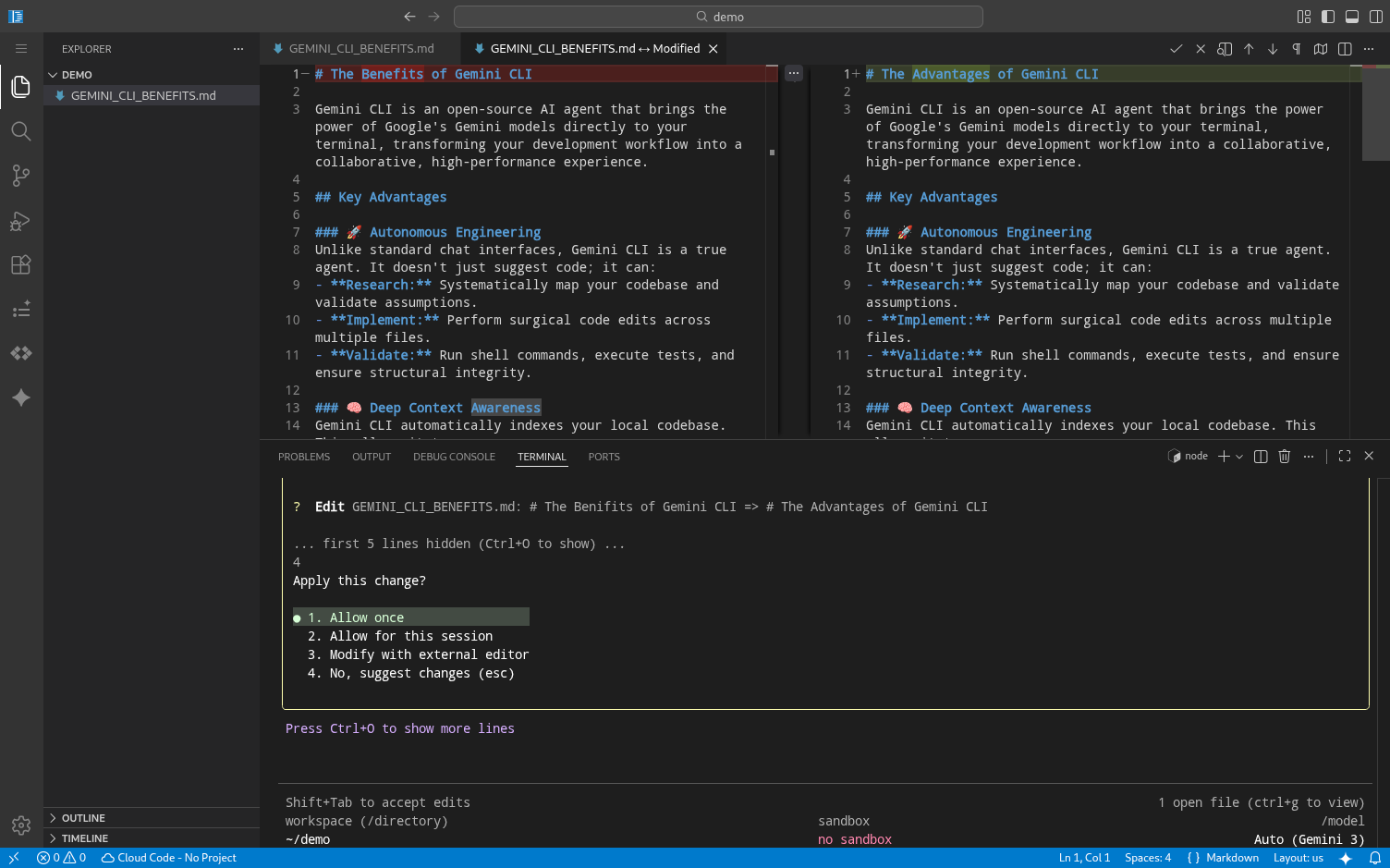 Diferença entre o CLI do Gemini Companion no Code OSS e no Cloud Workstations.
