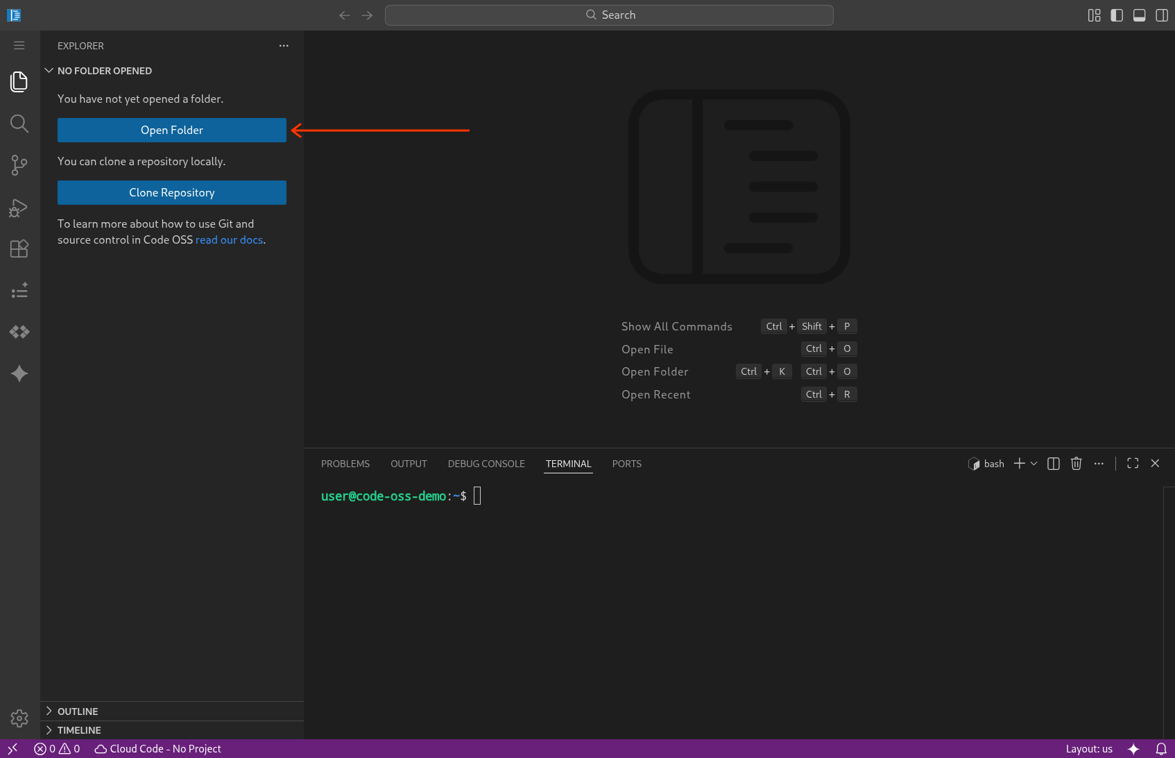 פותחים תיקייה או סביבת עבודה ב-Code OSS for Cloud Workstations.